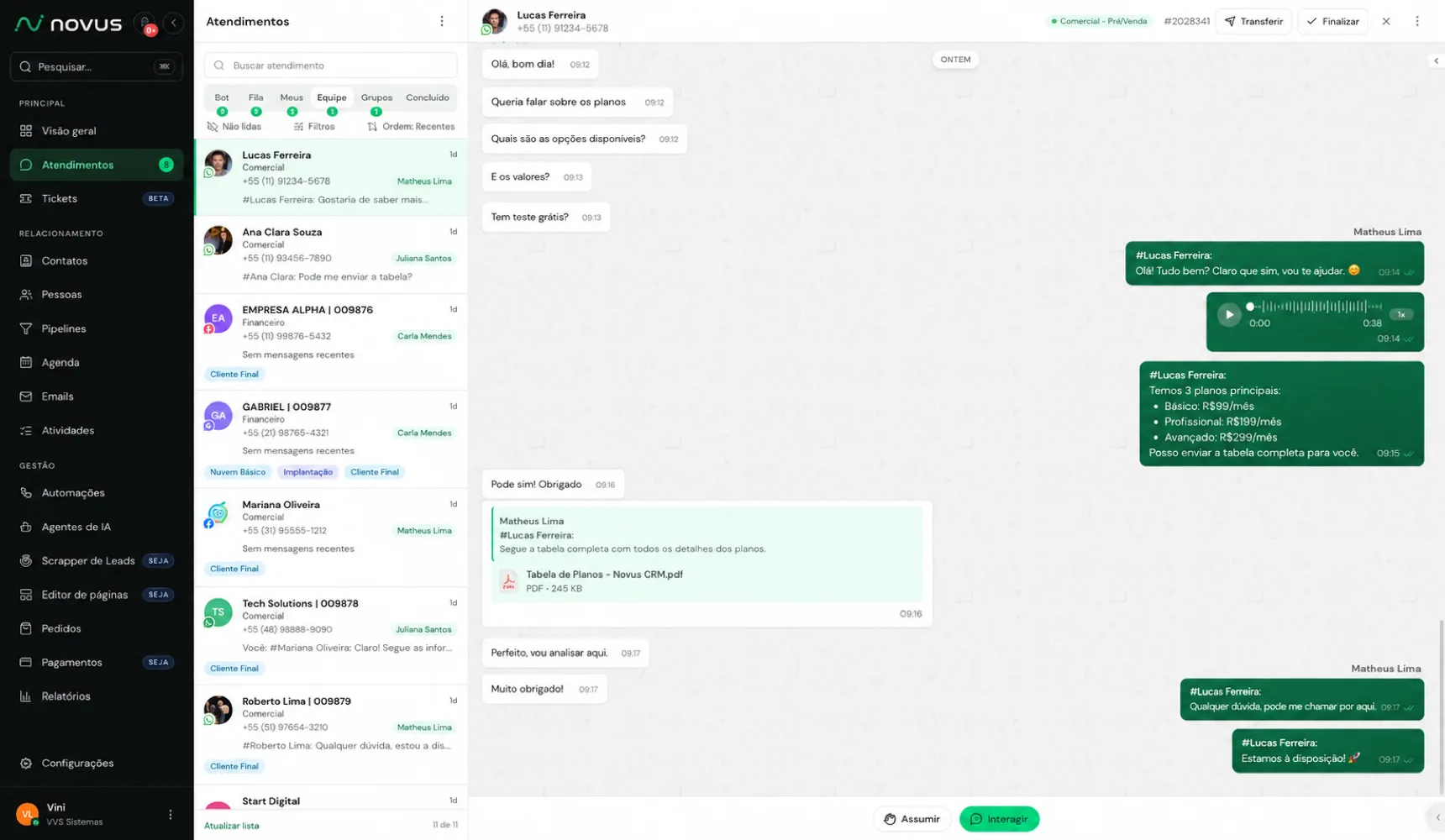 Caixa de entrada do Novus CRM com a lista de atendimentos e a conversa de WhatsApp aberta
